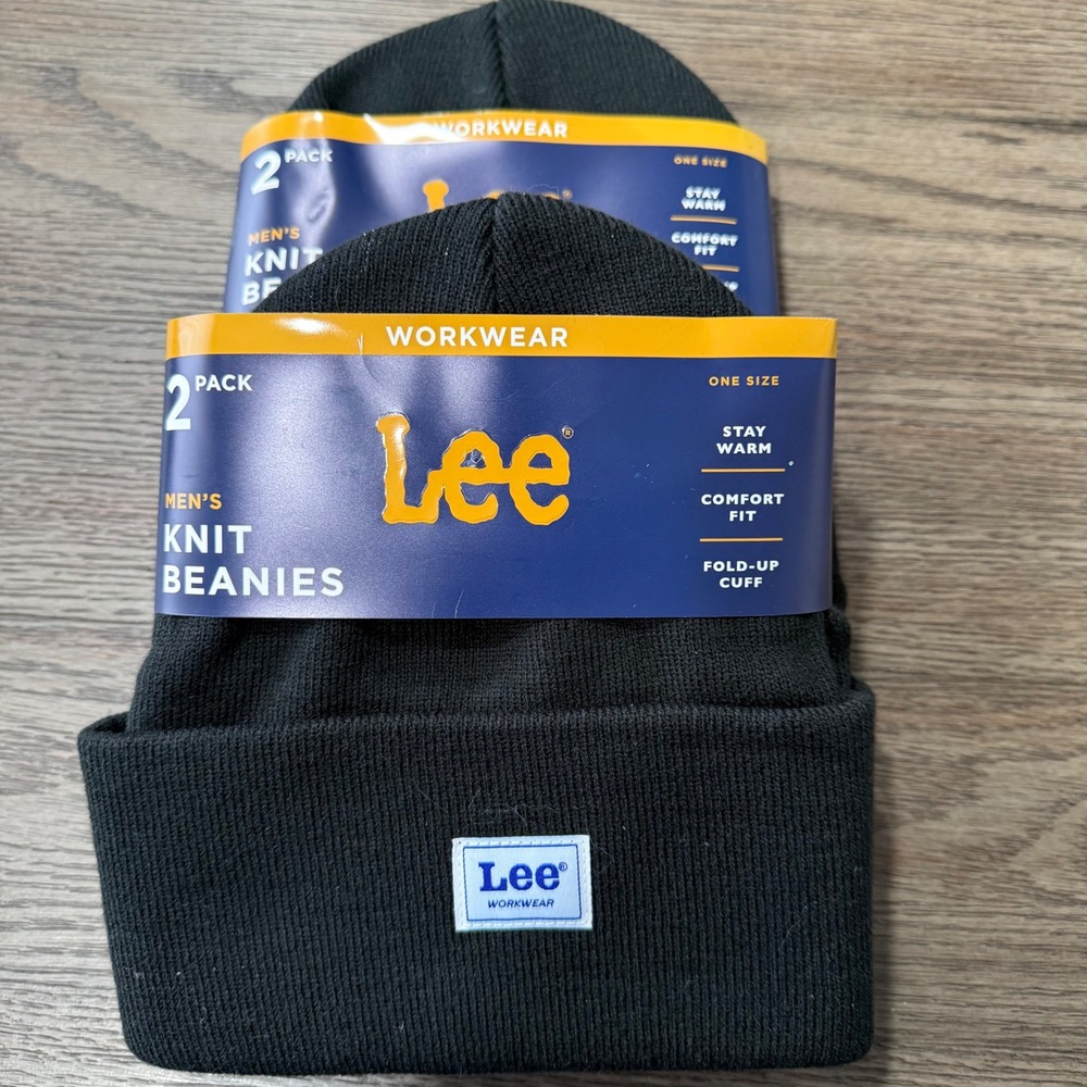 Lee Workwear Mens Knit Beanies 2-2 Packs Black One Size Stay Warm Fold Up Cuff